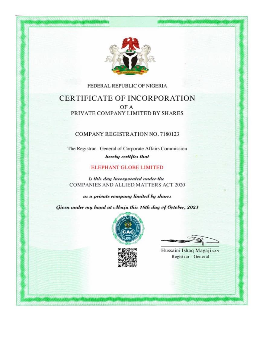 Corporate Affairs Commission certificate of incorporation for Elephant Globe Limited