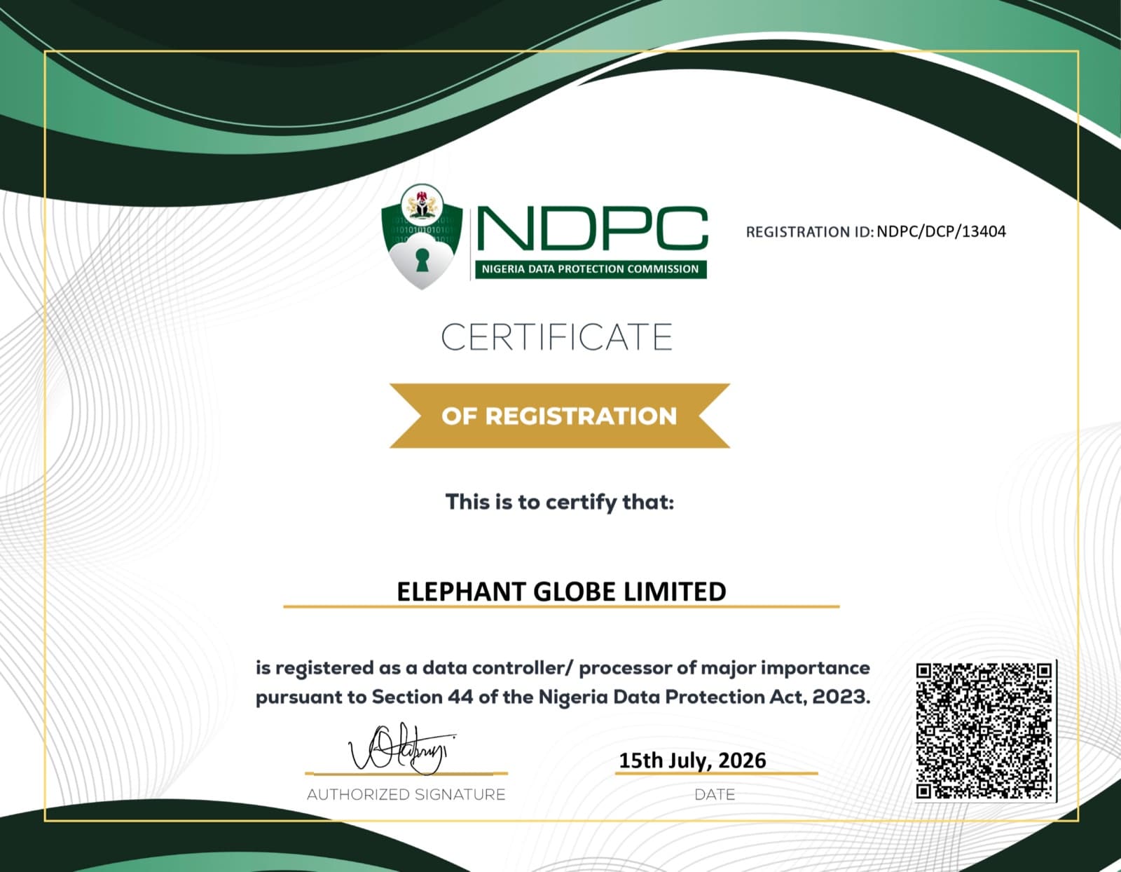 Nigeria Data Protection Commission registration certificate issued to Elephant Globe Limited