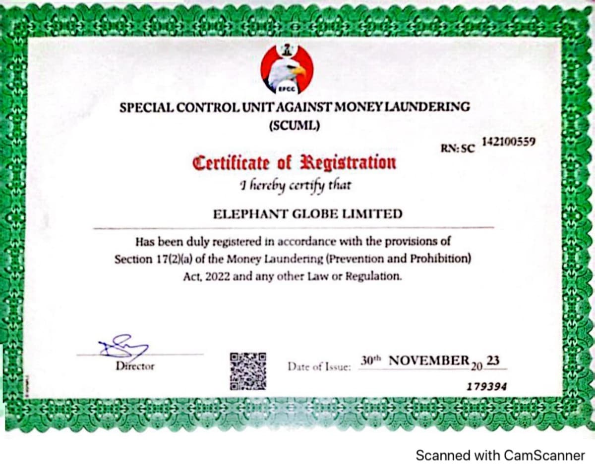 SCUML anti-money laundering registration certificate for Elephant Globe Limited